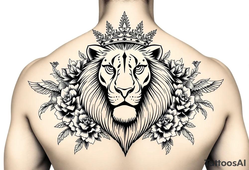 powerful majestic lion with a crown, surrounded by floral ornaments and birds tattoo idea