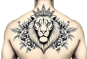 powerful majestic lion with a crown, surrounded by floral ornaments and birds tattoo idea