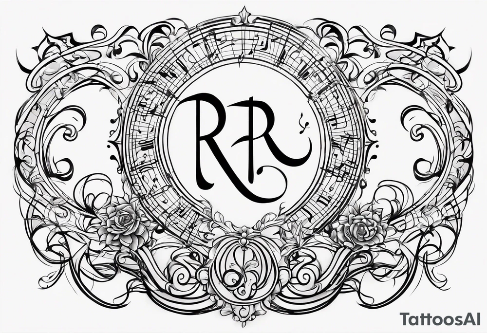 Minimalist line work tattoo, depicting musical
Notes and the letters “R” and “L” which symbolize Lainey and remi. tattoo idea