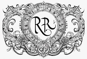 Minimalist line work tattoo, depicting musical
Notes and the letters “R” and “L” which symbolize Lainey and remi. tattoo idea