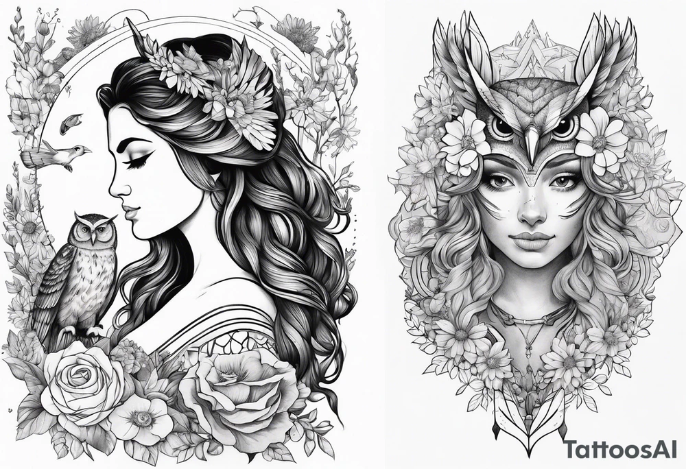 Owl and wildflowers and unicorn and warrior curly hair princess half sleeve tattoo idea
