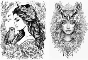 Owl and wildflowers and unicorn and warrior curly hair princess half sleeve tattoo idea
