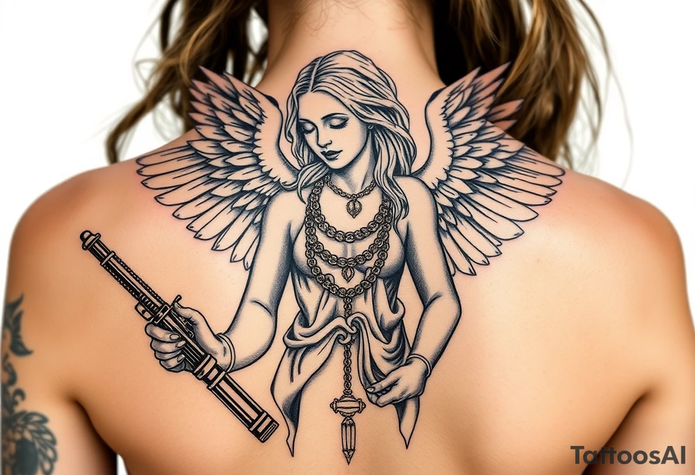 old angel statue in criminal style, tattooed and at the same time contemporary, weapons in hand, gangster-style gold necklaces tattoo idea