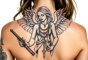 old angel statue in criminal style, tattooed and at the same time contemporary, weapons in hand, gangster-style gold necklaces tattoo idea