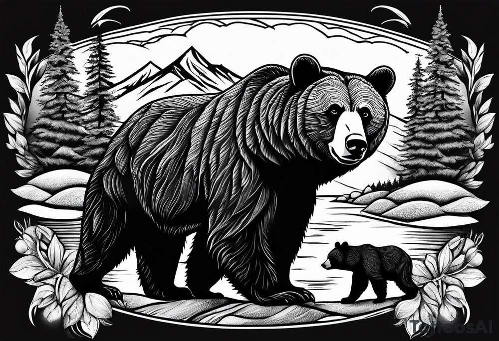 mamma bear and cub with mountains tattoo idea