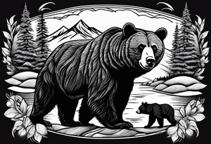 mamma bear and cub with mountains tattoo idea