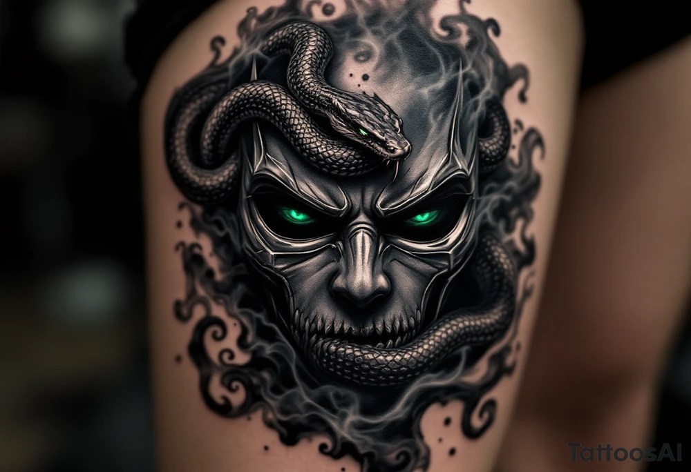A detailed mask with a venomous snake coiled on the forehead, surrounded by swirling smoke and dark shadows. The mask’s sharp features have an eerie, haunting glow. Matte black with silver highlights for the mask, dark greys for shadows, and deep green for the snake’s eyes. tattoo idea