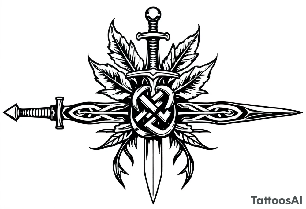 a sword with an overgrown Celtic knot band infused with nature tattoo idea