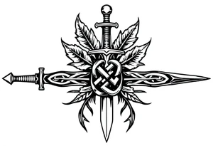 a sword with an overgrown Celtic knot band infused with nature tattoo idea