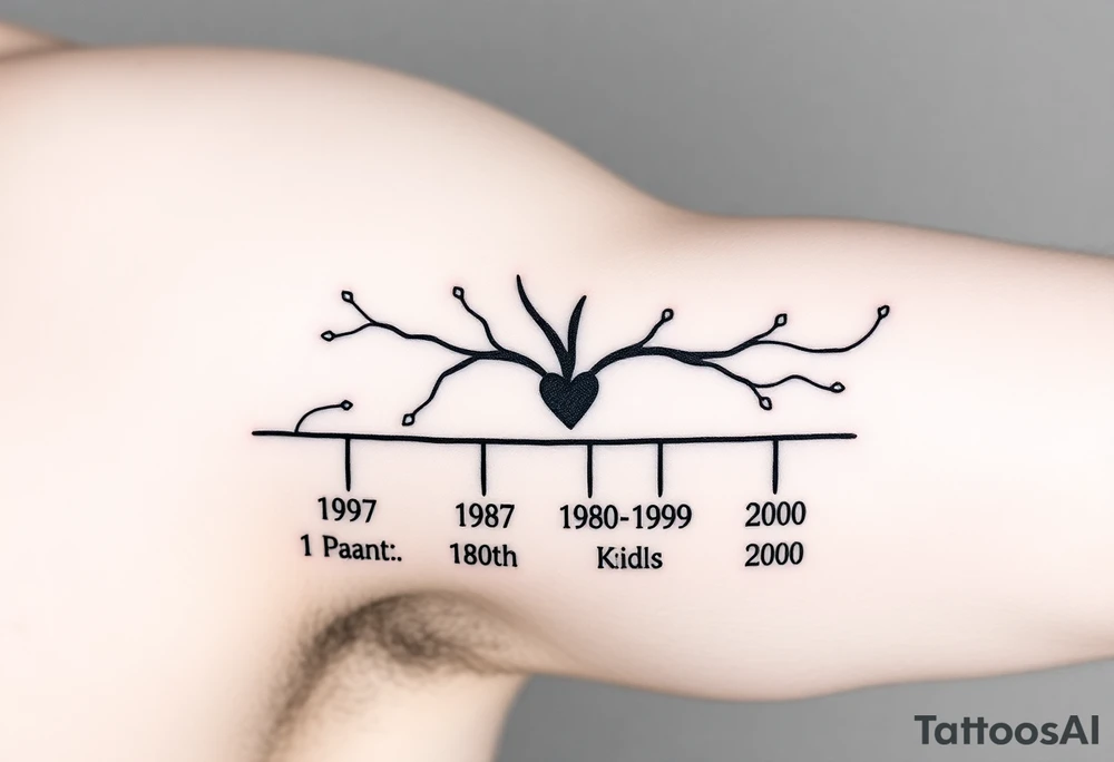 Make a family tree timeline 
With 1 parent year of birth 1957 with a small heart next to it and under it add the  4 kids years of birth 1980, 1989, 1998, 2000 tattoo idea