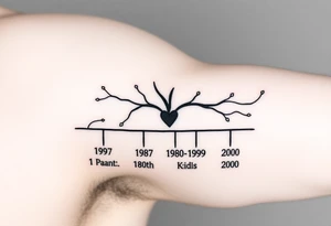 Make a family tree timeline 
With 1 parent year of birth 1957 with a small heart next to it and under it add the  4 kids years of birth 1980, 1989, 1998, 2000 tattoo idea