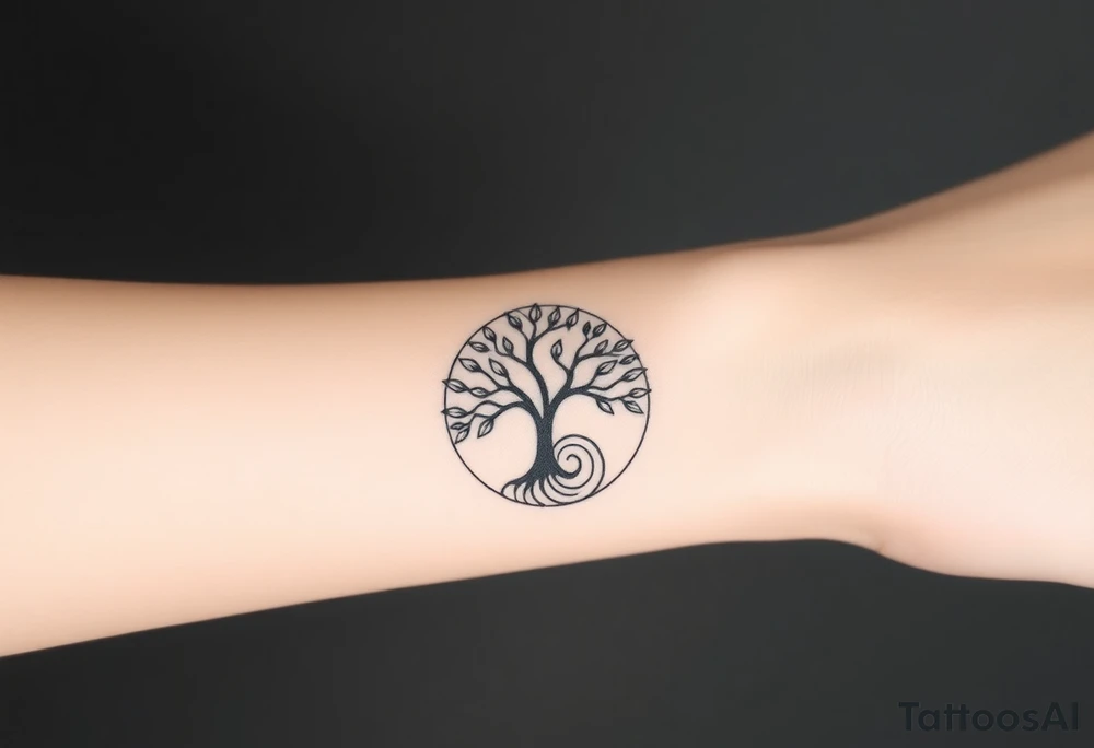 A tree in a circle,
 with fee leaves, with an outward  spiral as its roots tattoo idea