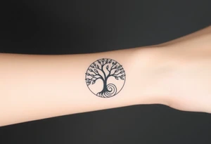 A tree in a circle,
 with fee leaves, with an outward  spiral as its roots tattoo idea