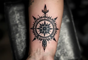 Rustic half compass half clock with a long native American arrow pointing at my wrist with the words “True North” and says "Isaiah 40:31" tattoo idea