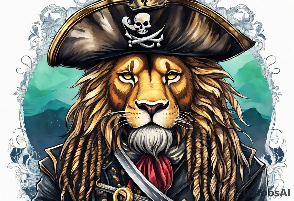 Pirate lion wearing jacket, sword and pistol, nautical steampunk theme. dreadlocks. tattoo idea