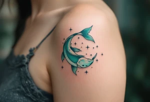 In this tattoo, a gradient of sea-green and teal forms the Pisces stars constellation with the Pisces zodiac glyph in matching hues. tattoo idea