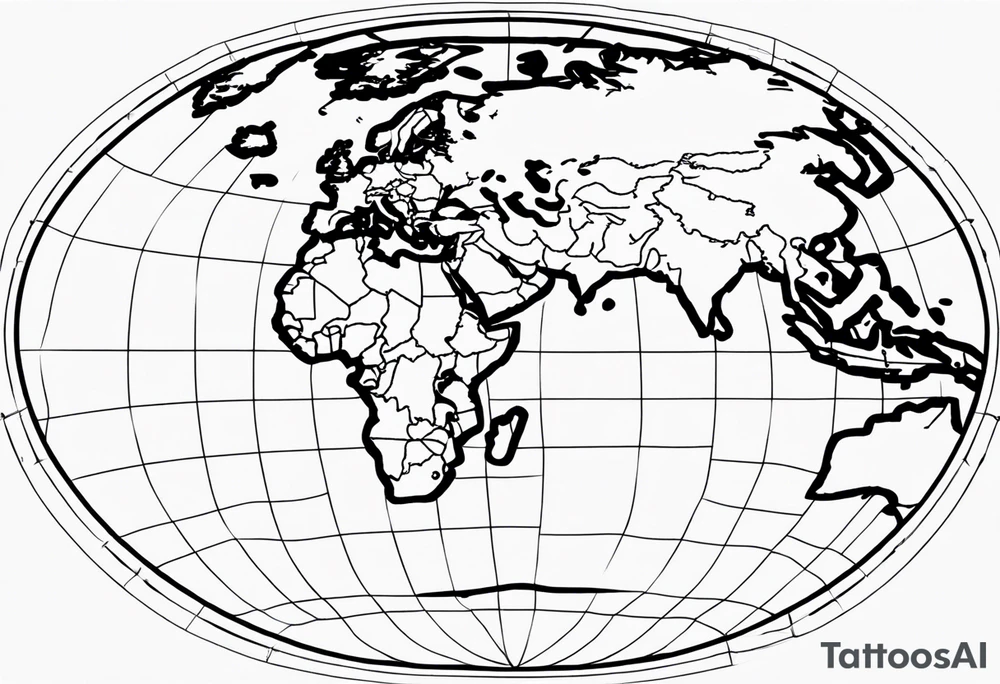 the earth on a flat map with no shading placed on a grid with only the lines with accurate depictions of the borders in countries while having it in an oval/circular position on a grid without any borders on the sides while having the countries not have such bold borders tattoo idea