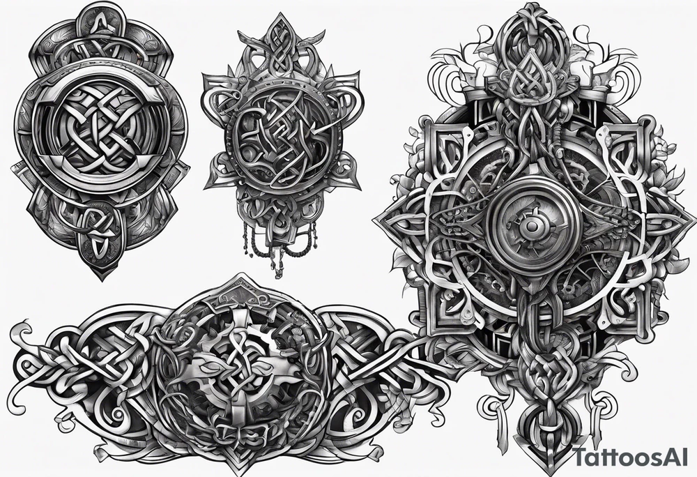 Traditional Celtic styled knot work combined with steampunk biomechanical sleeve design tattoo idea