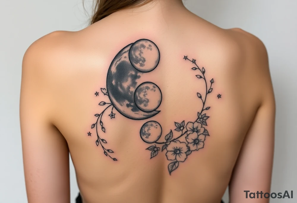 Phases of the moon detailed down the spine details on the moon. With vines and stars and flowers along the sides down beside the phases of the moon tattoo idea