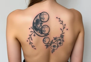 Phases of the moon detailed down the spine details on the moon. With vines and stars and flowers along the sides down beside the phases of the moon tattoo idea