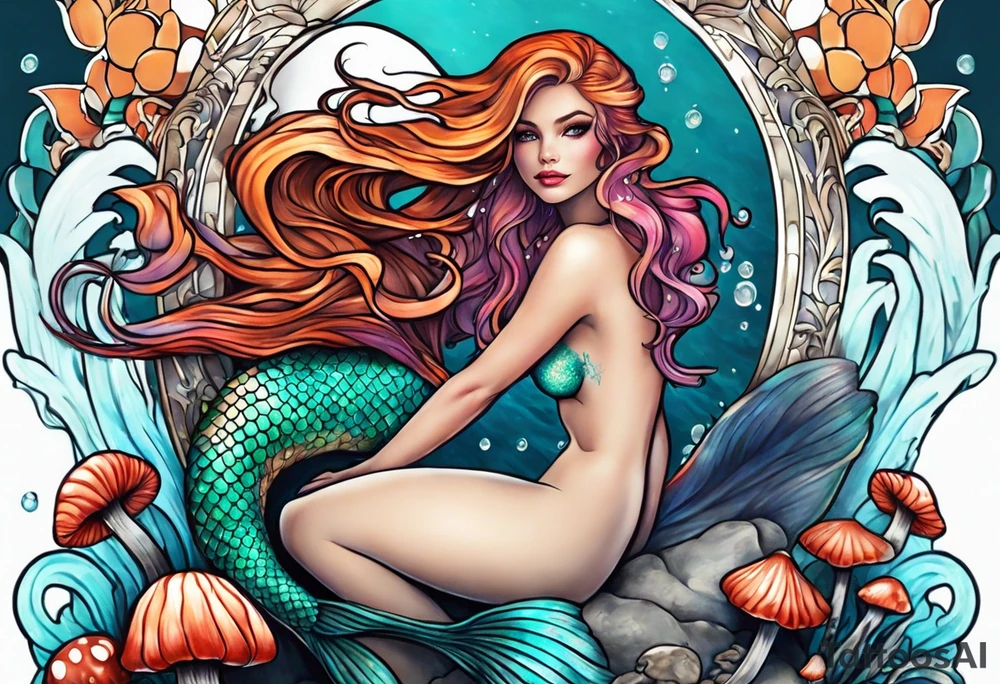 a mermaid siting over a mushroom tattoo idea