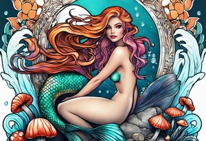 a mermaid siting over a mushroom tattoo idea