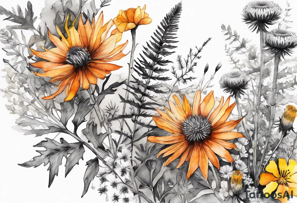 cascading mixed wildflowers with thistles, ferns, burnt orange white and yello flowers all in watercolor tattoo idea