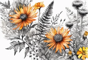 cascading mixed wildflowers with thistles, ferns, burnt orange white and yello flowers all in watercolor tattoo idea