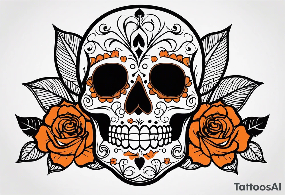 Sugar skull with roses that are orange and black tattoo idea