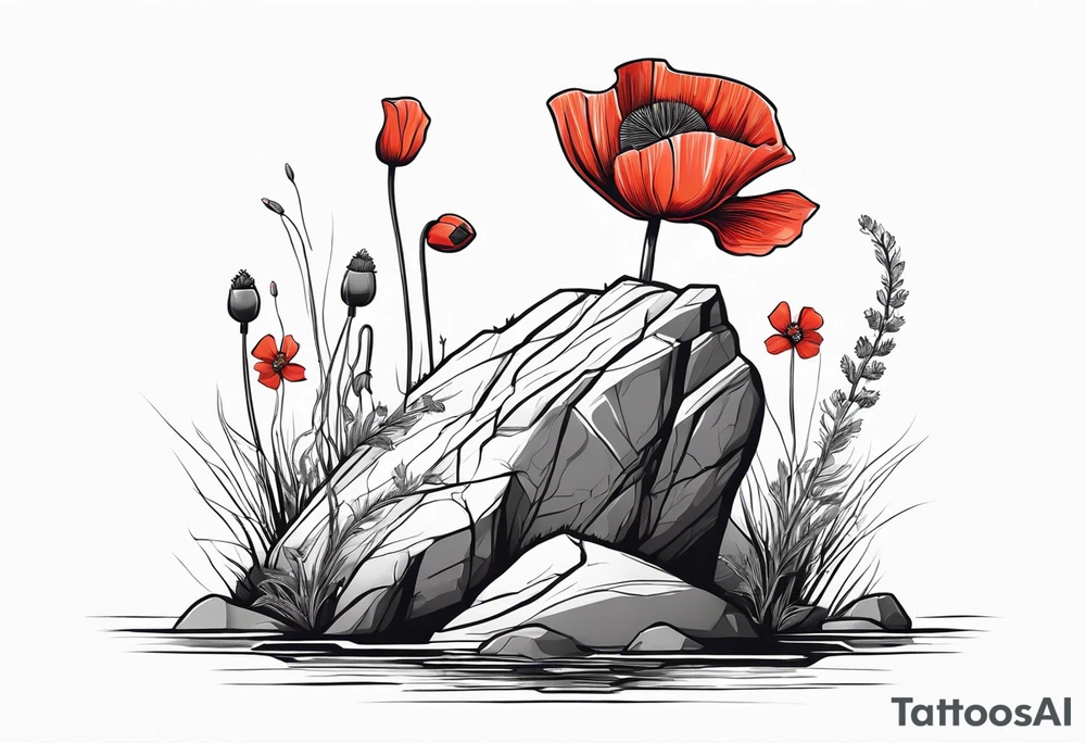 poppy growing out of boulder with roots enveloping rock in love tattoo idea