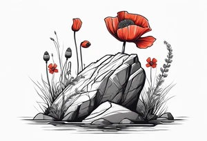 poppy growing out of boulder with roots enveloping rock in love tattoo idea