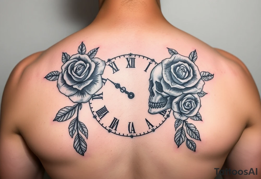 Broken Clock face 11:43 as set time. With roses and skull looking to the clock feminine tattoo idea