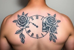 Broken Clock face 11:43 as set time. With roses and skull looking to the clock feminine tattoo idea
