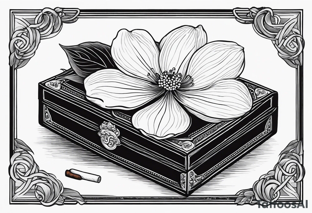 A simple vintage cigar box with a dogwood flower next to it as well as a lit cigar tattoo idea