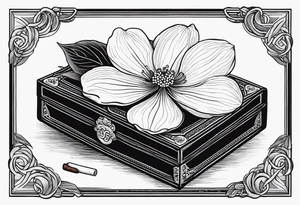 A simple vintage cigar box with a dogwood flower next to it as well as a lit cigar tattoo idea