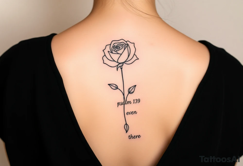 Fine line rose flower and a daisy flower. the daisy pedals are falling down the middle of the back. Also include the words “psalm 139” and “even there” as a part of the stem. tattoo idea