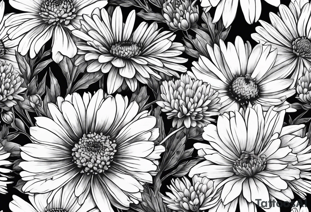 botanical illustration of full plant aster, daisy, and carnations tattoo idea