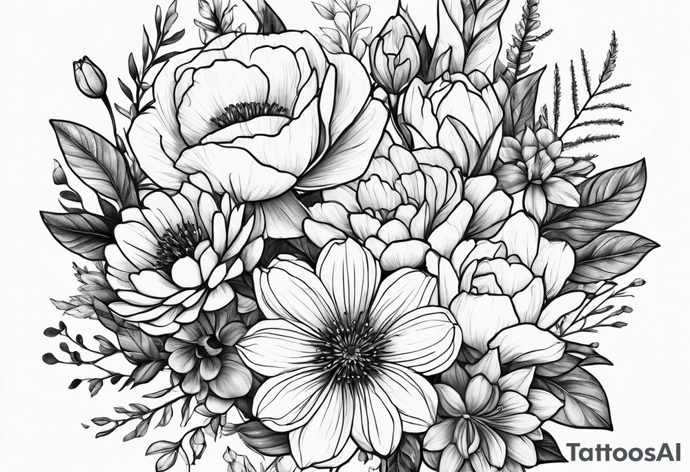 February and September birth flower bouquet tattoo idea