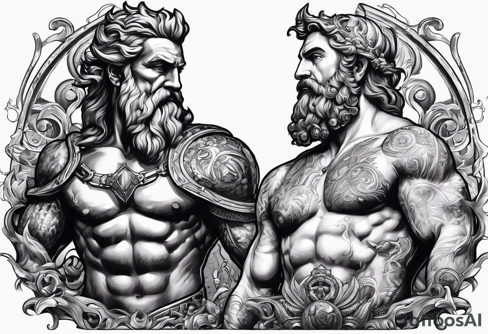 poseidon with mechanic trident and mechanic arm tattoo idea