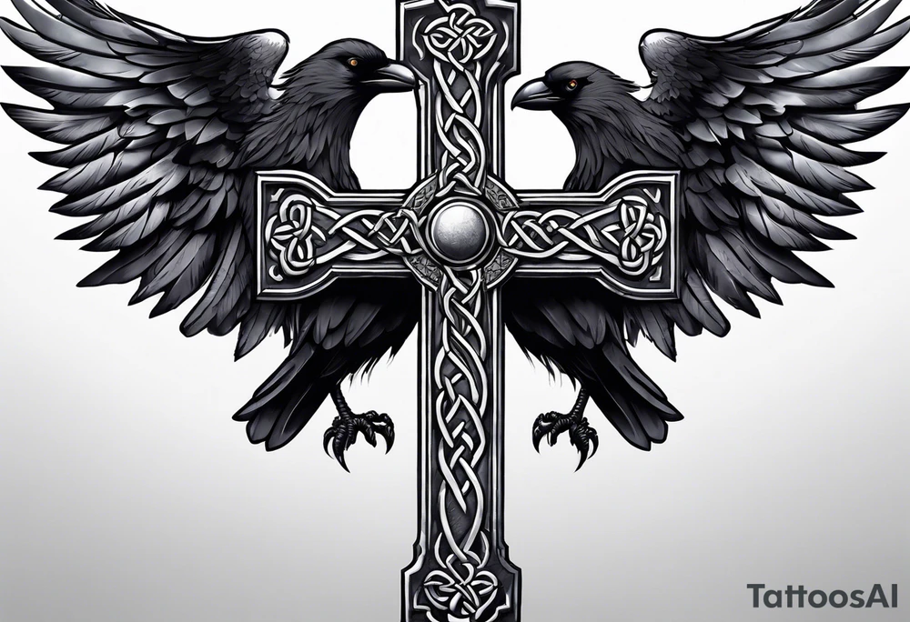 A stone Celtic cross with a raven perched on the arm of the cross tattoo idea