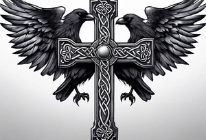 A stone Celtic cross with a raven perched on the arm of the cross tattoo idea