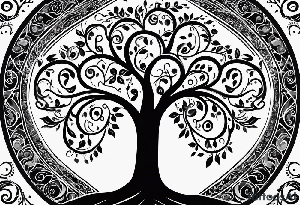 Black and white folk art whimsical tree of life drawing with roots winding all over tattoo idea