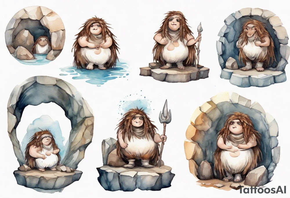 a solitary fat mole woman with large round eyes, covered in white fur with  brown dreadlocks sitting in stone throne in a cave tattoo idea