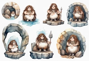 a solitary fat mole woman with large round eyes, covered in white fur with  brown dreadlocks sitting in stone throne in a cave tattoo idea