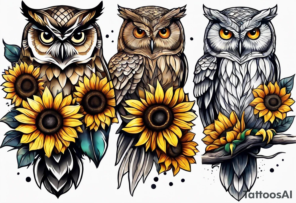 Owl with sunflowers leg sleeve tattoo idea
