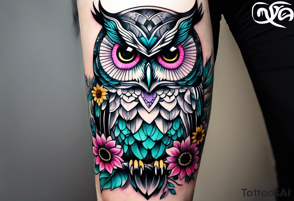 Leg Sleeve with black and white owl that's lightly shaded teal, pink and purple and yellow sunflowers tattoo idea