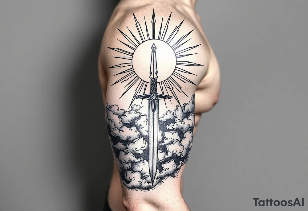Half sleeve. sun rays, clouds, sword tattoo idea