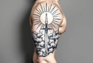 Half sleeve. sun rays, clouds, sword tattoo idea