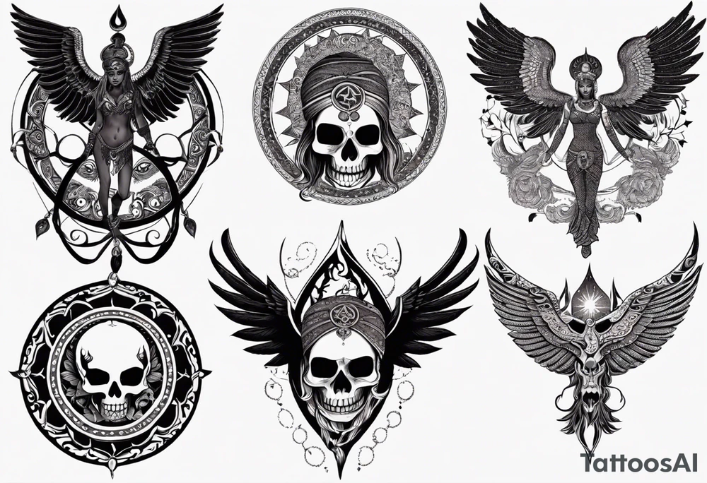 black kali, goddess pirate, alien, angel, pachamama, valkrye, warrior, flying, skull, lotus azul, wing, eagle, zenza resonance, stars, 5D, anahata chakra, death, durga, riding on a tiger, flying lady, kundalini, chest tatoo tattoo idea
