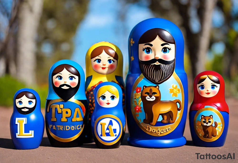Matryoshka doll family. Father has full beard, blue eyes, short brown hair, loves LA Dodgers. Mother has blonde bob, blue eyes, thick rimmed black glasses, loves leopard print. Son is 4 years old, blue eyes, blonde spiky hair, loves Paw Patrol. Daughter is 2 years old, blue eyes, long eyelashes, short light brown bob, loves Bluey. tattoo idea